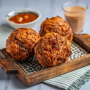 Crispy homemade Onion Bhajis freshly prepared with sliced onion and traditional Indian spices.