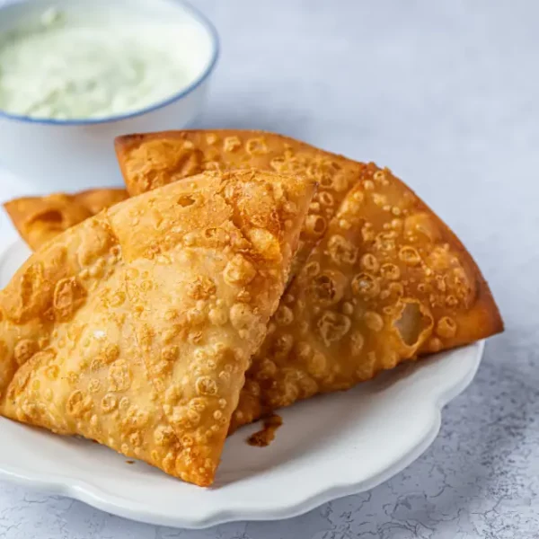 Handmade golden meat samosa product page | Alvi's Homemade